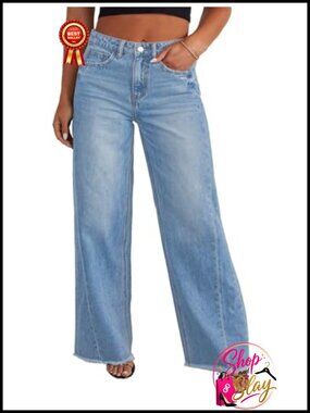 Plus Size Wide Leg High Waist Jeans Raw Hem Loose Fit Denim Pants